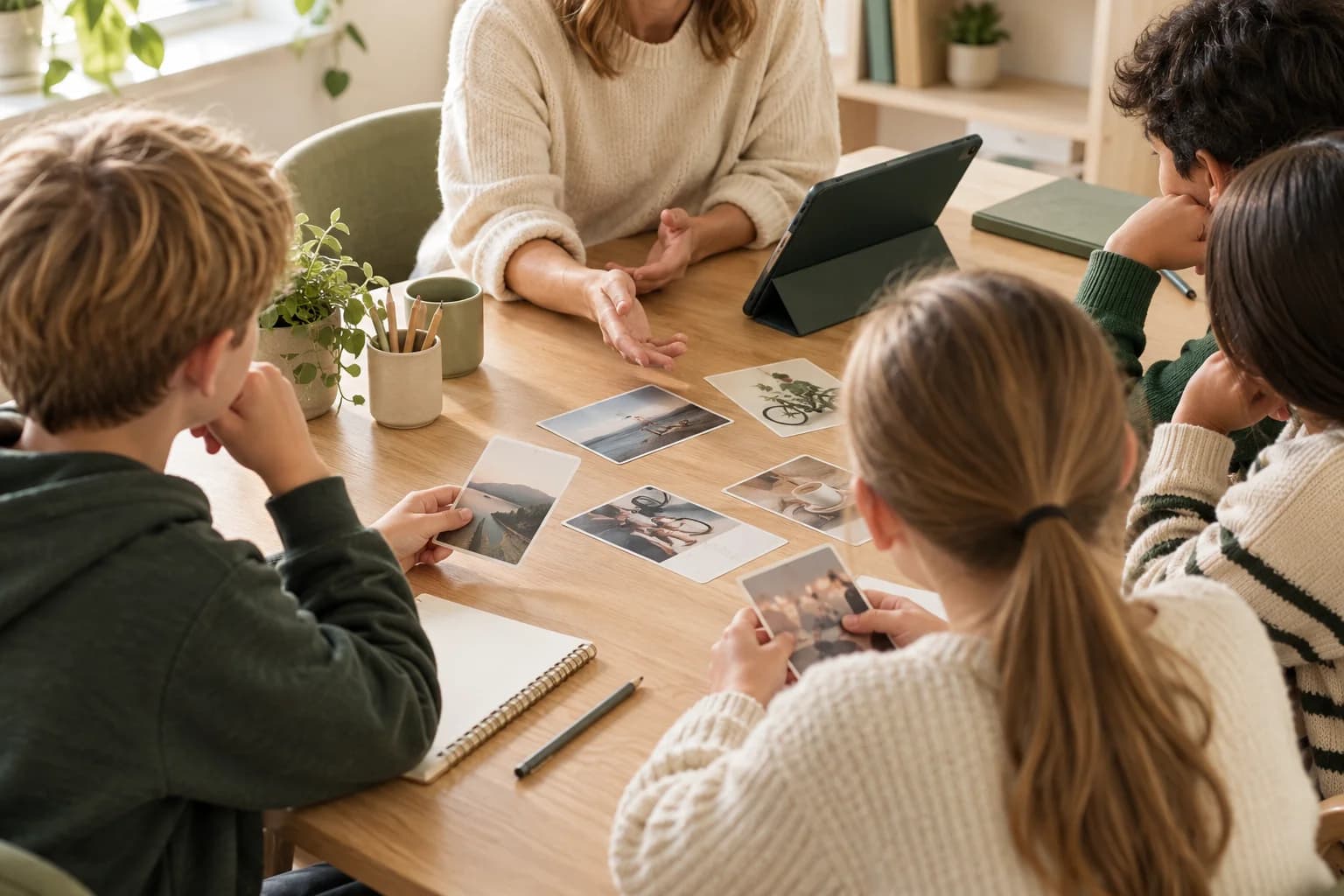 Illustration af en underviser og elever, der arbejder med digitale dilemmaer omkring et bord.