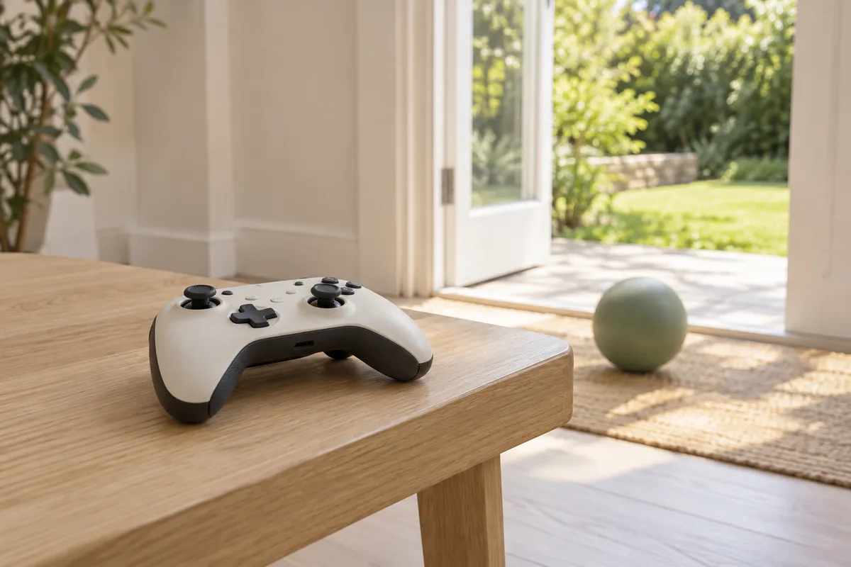 En controller ligger på bordet ved en åben dør til haven.