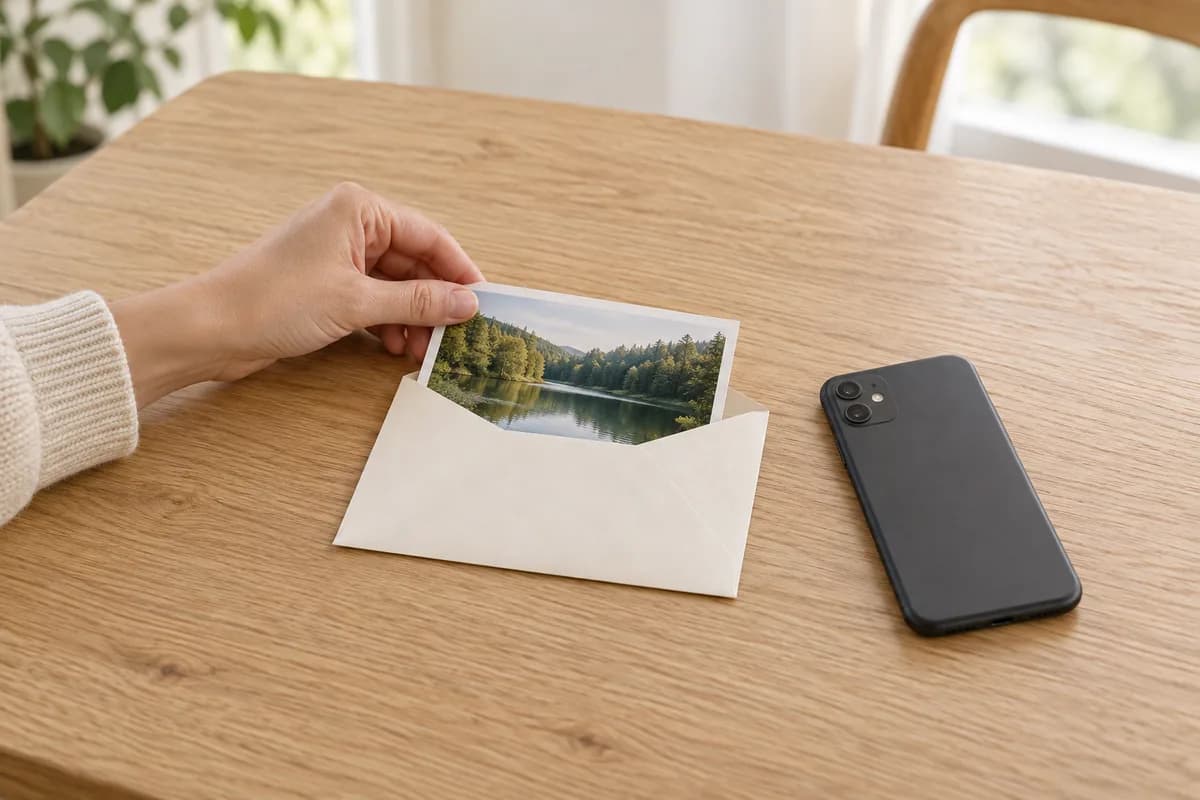 Et fotografi og en telefon på et bord.