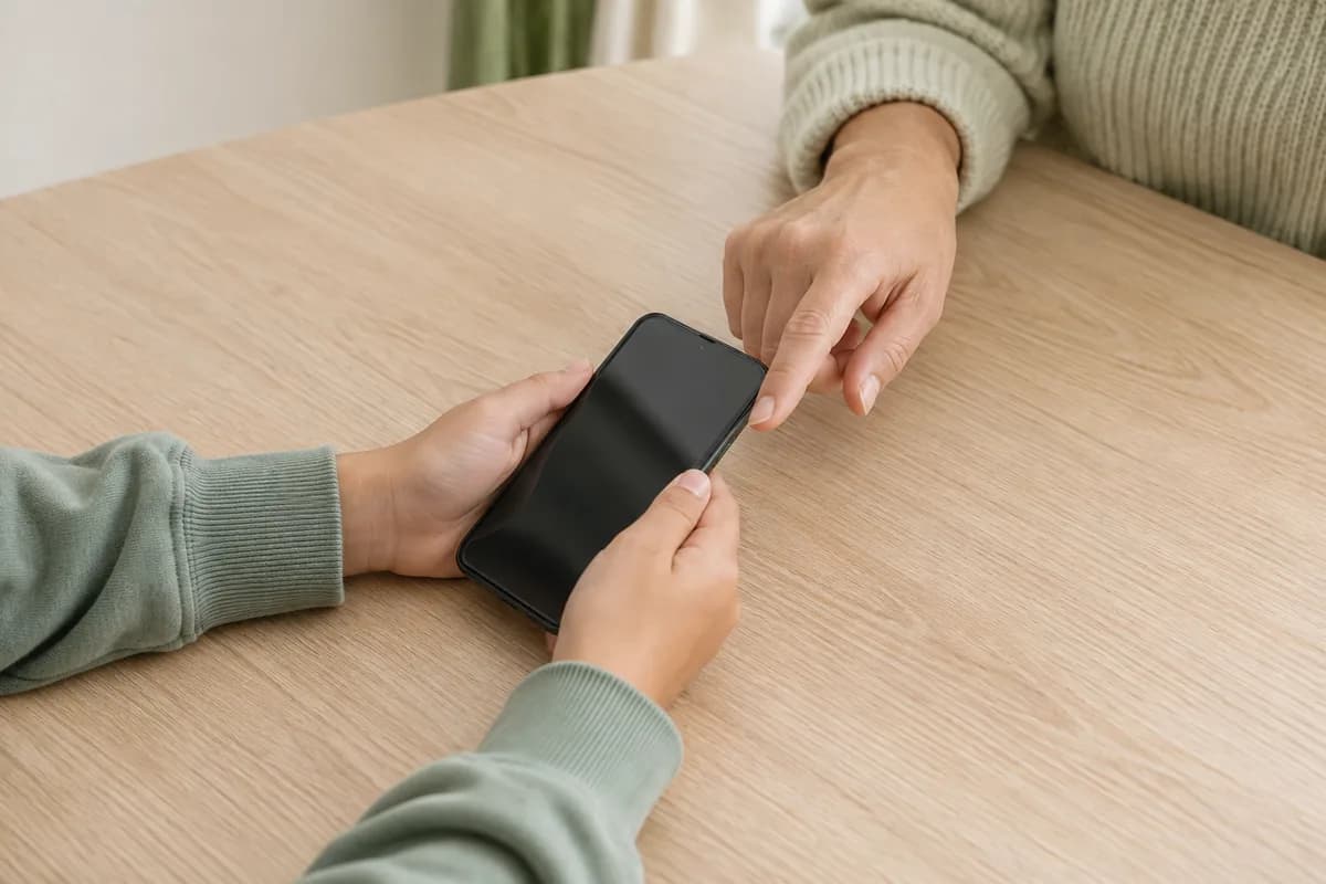 Et barn og en voksen bruger en telefon sammen.