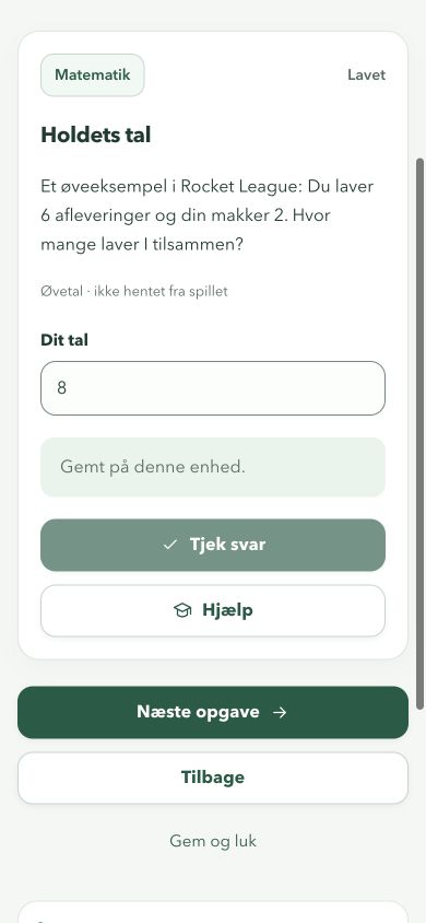 Skærmbillede af en opgave i Spiltræning med plads til at svare.